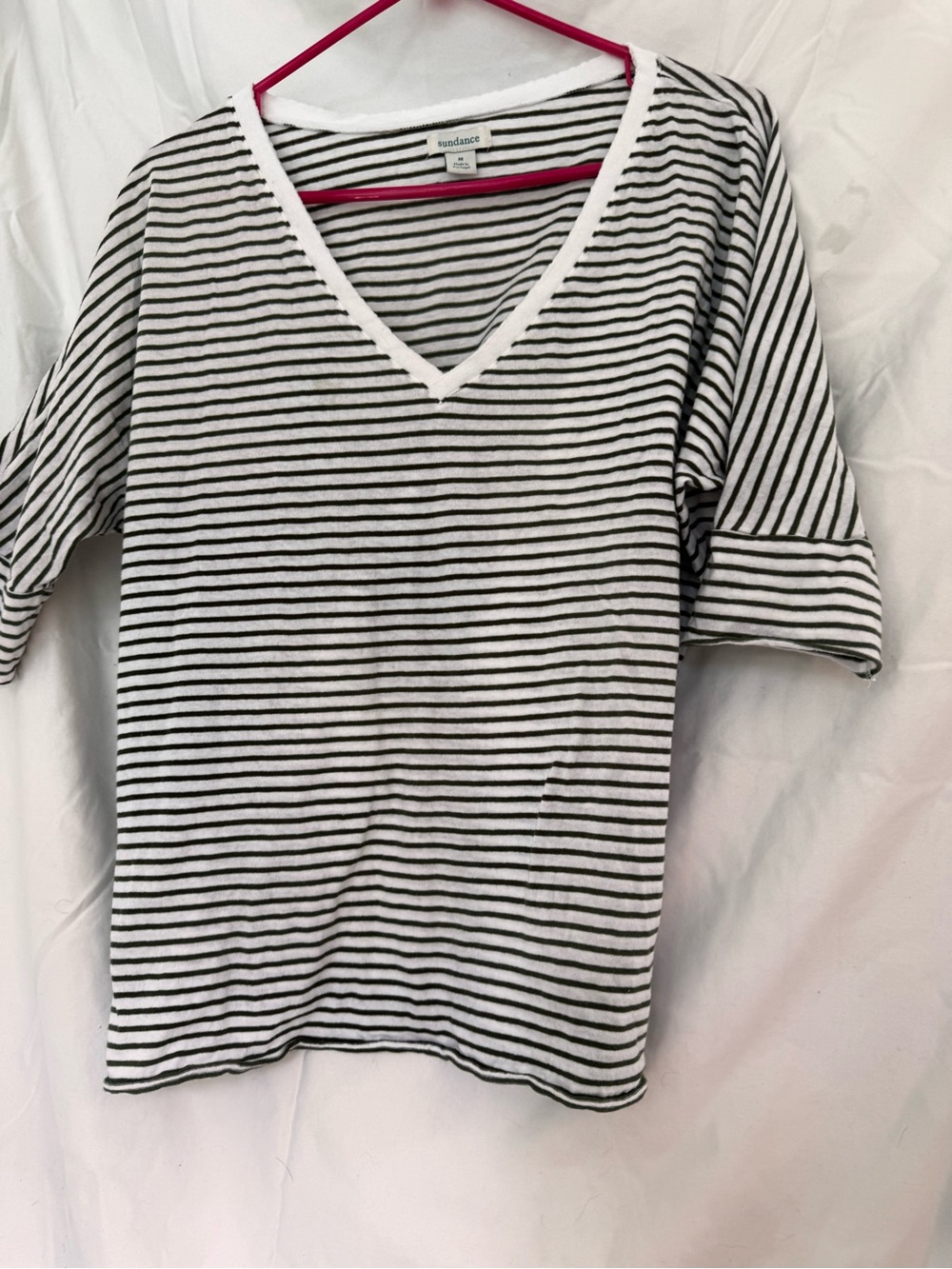 Sundance White Olive Green slub Stripe V-Neck Oversized Top Wide Cuff medium